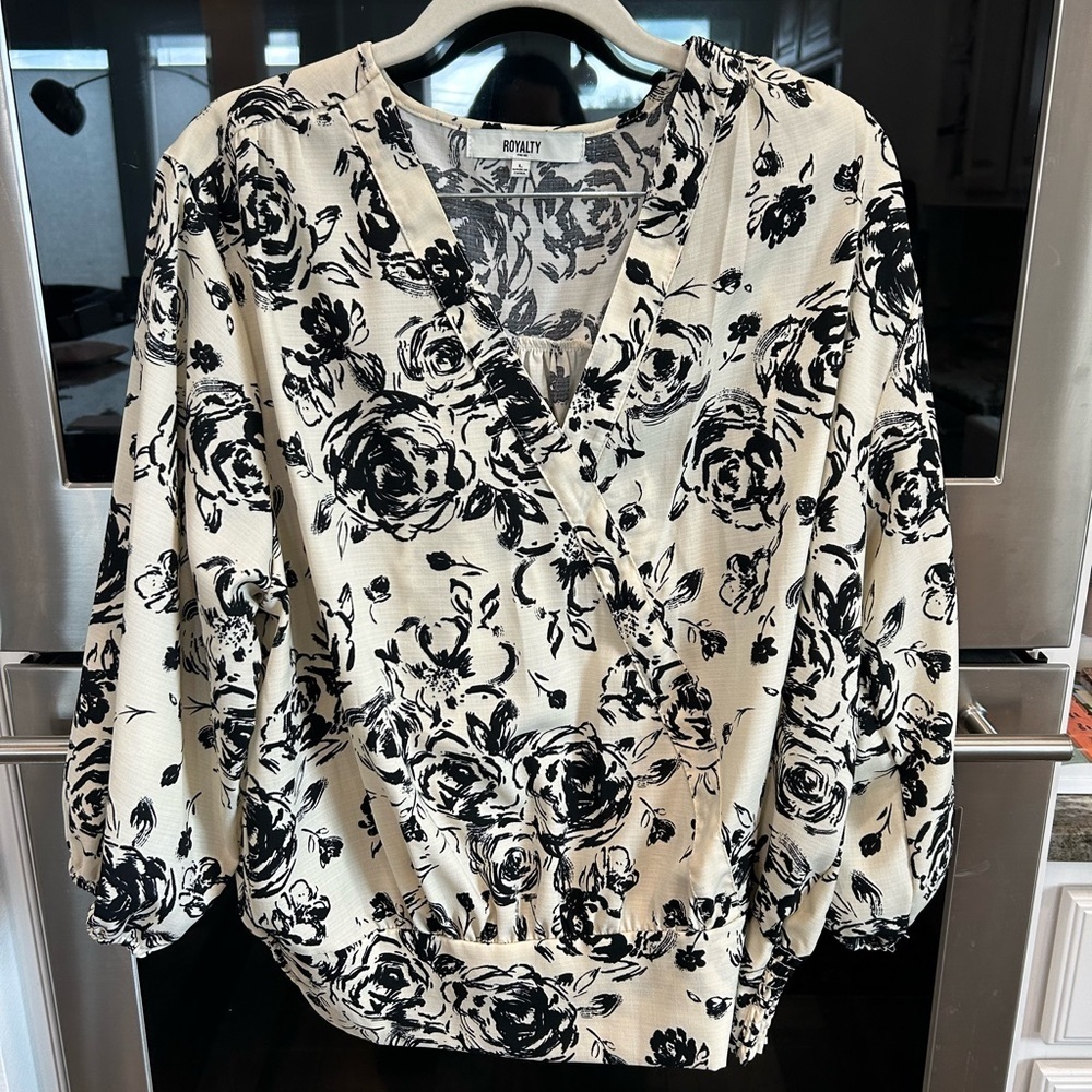 Royalty For Me Cream and Black Floral  Blouse, L, GUC